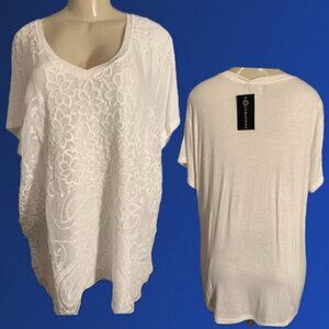 Curvations + 2X Eggshell Embroidered Floral Sheer Lined V-Neck Short Sleeve Top